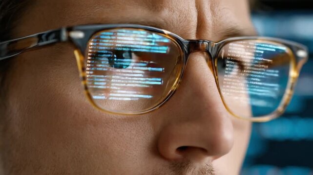 Focused Code Reflection: A close-up view showcases a person deeply engrossed in coding, the digital script reflected in the lenses of their glasses.