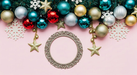Christmas Ornaments Snowflakes and Ornate Frame on Pink