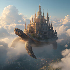 A city built on the back of a colossal turtle swimming through the clouds, morning mist and sunbeams illuminating towers, cinematic composition,Generative.AI