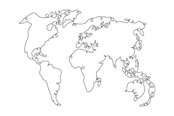 Outline world map, monoline vector illustration