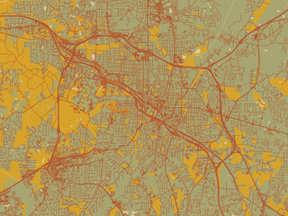 Stylized minimalist map of Durham North, Carolina in muted sage base, rust-colored roads, and soft ochre highlights.