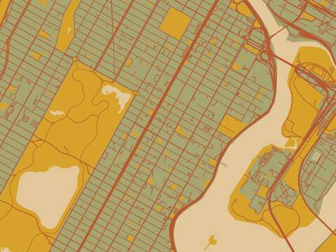 Contemporary flat map of East Harlem, New York rendered with earthy sage background with rust roadways and ochre details.