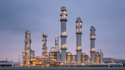 Fototapeta premium Industrial complex with illuminated towers at dusk, showcasing modern architecture and technology in manufacturing and energy production