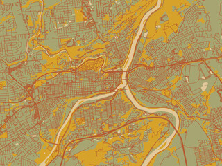 Abstract flat-design map of Easton - Philipsburg, Pennsylvania, featuring sage green ground with rust-red roads and ochre accents.