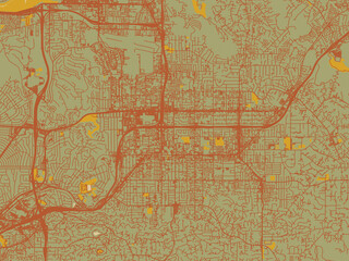 Obraz premium Flat painterly map of El Cajon, California in muted sage base, rust-colored roads, and soft ochre highlights.