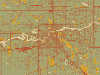 Minimalist flat city map of Elkhart, Indiana with earthy sage background with rust roadways and ochre details.