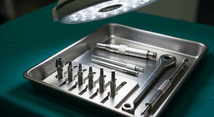 Dental surgical instruments laid out on sterile tray under surgical light, ready for procedure, showcasing precision tools for oral surgery and implantology