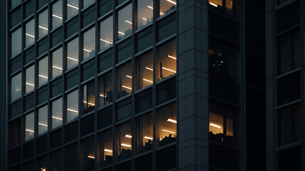 Urban Office Building at Night: Illuminated windows reveal late-night work in a high-rise structure, highlighting the contrast between light and shadow.