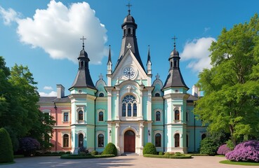 Exterior of ornate pale green and pink building with tall black spires and decorative facade. Sunny day with blue sky and white clouds, surrounded by rich green trees and manicured bushes.