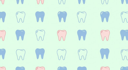Seamless pattern cartoon teeth in blue, pink, and outline on light green