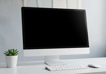 Fototapeta premium Sleek desktop computer with blank screen on a minimalist white office desk setup