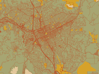 Stylized minimalist map of Escondido, California in olive backdrop with warm rust street network and ochre blocks.