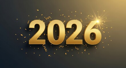 Golden 3D numbers representing the year 2026 are illuminated against a dark background with scattered gold confetti and a bright light burst numeral celebration party new year anniversary