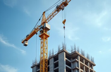 Yellow tower crane near building under construction against blue sky. Construction process involves lifting materials such as concrete. City development at work with modern equipment.