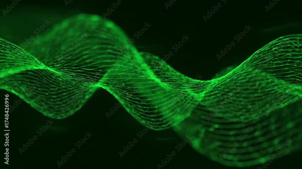 Poster interweaving green geometric lines form an intricate, seamlessly looping abstract wave pattern backg