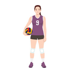 Female Volleyball Player Standing with Ball. Flat vector illustration isolated on white background