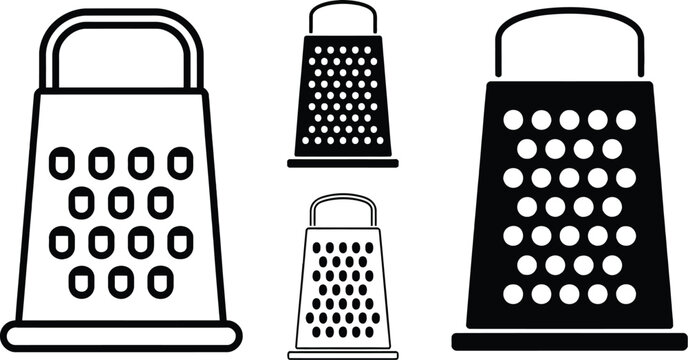A collection of grater illustrations in black and white variations