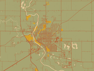 Flat painterly map of Fort Dodge, Iowa in earthy sage background with rust roadways and ochre details.