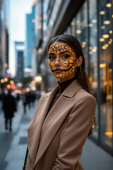 Business woman with scattered emoji pumpkin halloween face paint in city street, modern fall fashion with holiday makeup in urban setting.