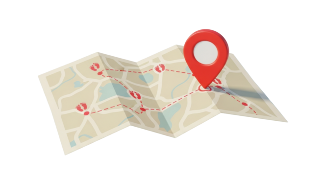 A small folded travel map paper with beige tone, route markings, footprint icons, and a red location pin, soft shadow, pastel color palette, vintage scrapbook aesthetic, isolated on clean background