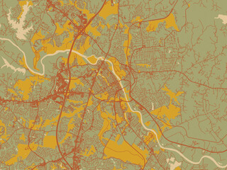 Graphic flat color map of Fredricksburg, Virginia in olive backdrop with warm rust street network and ochre blocks.