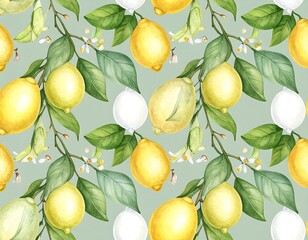 Watercolor lemon and flower pattern on a soft mint-green background