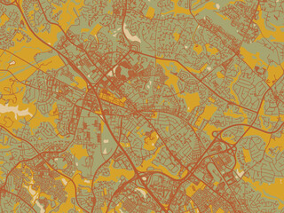 Graphic flat color map of Gaithersburg, Maryland in earthy sage background with rust roadways and ochre details.