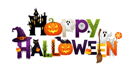 Happy Halloween creative word art on white background