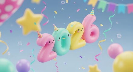 Cartoonish pastel colored numbers 2026 with party hats and smiling faces surrounded by falling confetti streamers stars and balloons against a soft blue background celebration happy