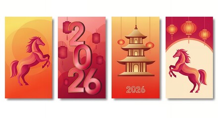 Fototapeta premium Four panels depict stylized horses Chinese lanterns and pagodas with the year 2026 prominently displayed on a gradient background traditional culture celebration greeting festive design