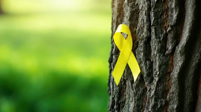 Yellow awareness ribbon tied on tree trunk symbolizing support or