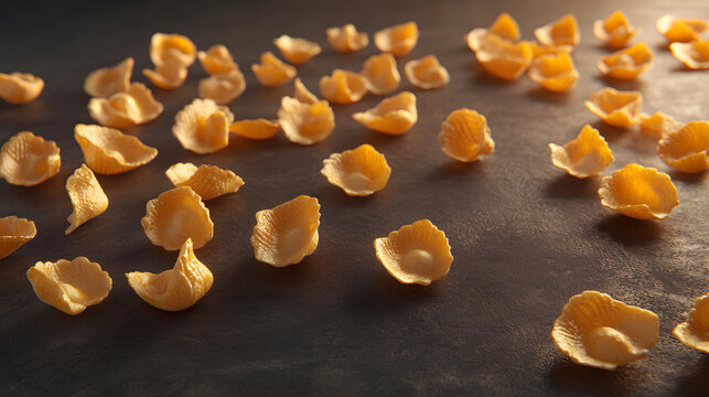 Ravioli scattered in an asymmetrical layout, showcasing their floury golden tones and detailed edges, on a flat dark surface.