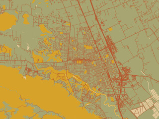 Abstract flat-design map of Gilroy, California, featuring muted sage base, rust-colored roads, and soft ochre highlights.