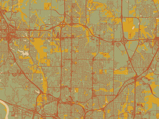 Contemporary flat map of Gladstone, Missouri rendered with earthy sage background with rust roadways and ochre details.