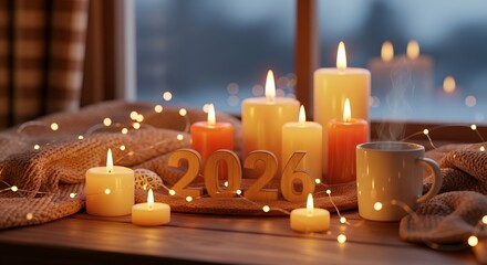 Lit candles and year 2026 numerals beside a steaming mug on a wooden table with soft lighting and bokeh background 2026 new year celebration warm cozy hot drink beverage festive glowing