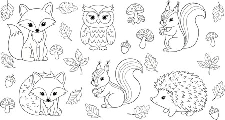 Fototapeta premium Vector art of cute woodland animals and autumn leaves, handdrawn in a simple outline style