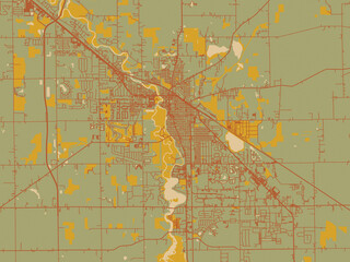 Abstract flat-design map of Goshen, Indiana, featuring earthy sage background with rust roadways and ochre details.