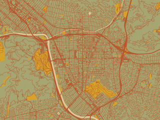 Decorative flat city map of Glendale, California using sage/olive tone field with rust networks and ochre shapes, cream water.