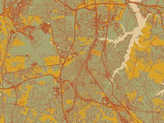 Modern flat map poster of Glen Burnie, Maryland in sage green ground with rust-red roads and ochre accents.