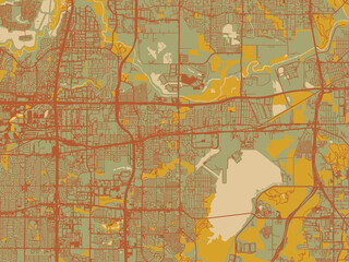 Poster-ready flat map of Grand Prairie, Texas, muted sage base, rust-colored roads, and soft ochre highlights.