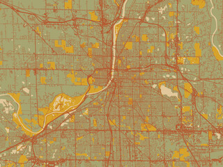 Poster-ready flat map of Grand Rapids, Michigan, sage green ground with rust-red roads and ochre accents.