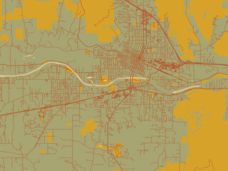 Abstract flat-design map of Grants pass, Oregon, featuring olive backdrop with warm rust street network and ochre blocks.