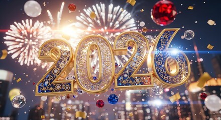 Golden ornate numbers '2026' float with vibrant fireworks and confetti glittering jewels and blurred city lights in a festive nighttime celebration scene New Year Party Event Holiday