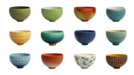 Grid of twelve colorful stylized bowls each featuring unique patterns and decorative details neatly arranged on white background