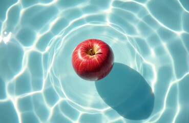 Single red apple floats on clean blue water surface. Sunlight creates bright patterns on liquid. Fruit casts shadow. Cool refreshing contrast.