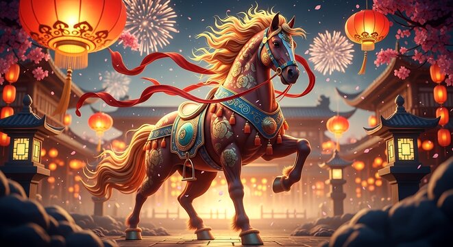 Ornate brown horse adorned with blue and gold trappings running amidst traditional Asian architecture illuminated by red lanterns and exploding fireworks under a night sky animal festive