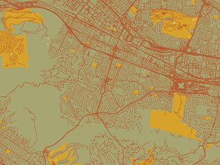 Obraz premium Stylized minimalist map of Hacienda Heights, California in earthy sage background with rust roadways and ochre details.