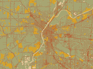 Graphic flat color map of Hamilton, Ohio in earthy sage background with rust roadways and ochre details.