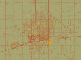 Obraz premium Vector-style flat map of Hanford, California with earthy sage background with rust roadways and ochre details.