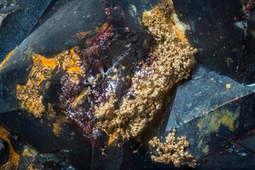 Mineral Cuprite and nugget copper crystals. Microphotography with high magnification- photo scale 10X